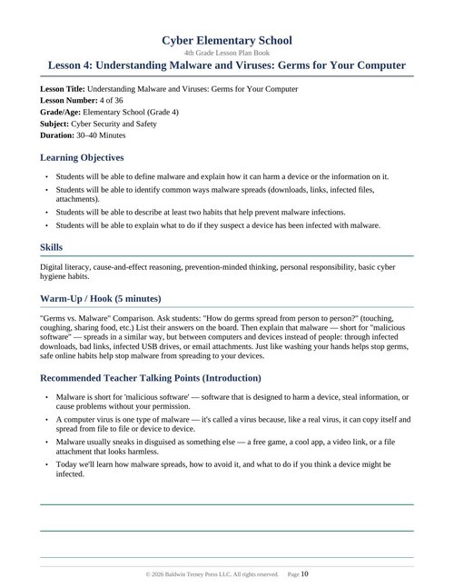 Preview of Free Sample: Lesson 4 from Cyber Elementary School: 4th Grade Lesson Plan Book