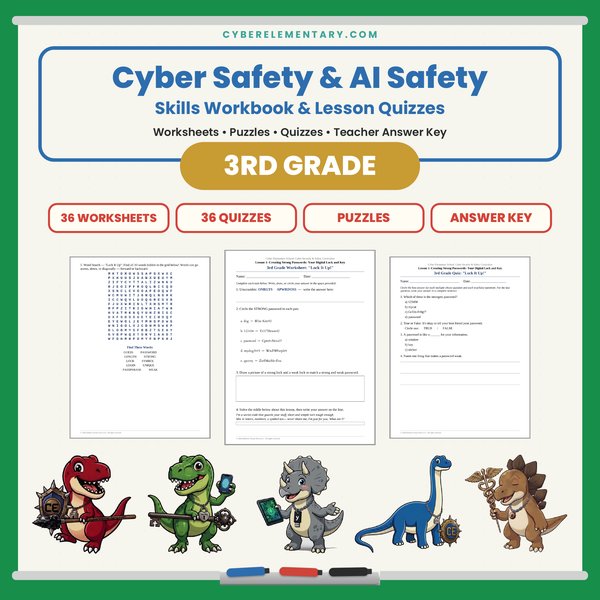 3rd Grade Cyber & AI Safety: Workbook + Quizzes