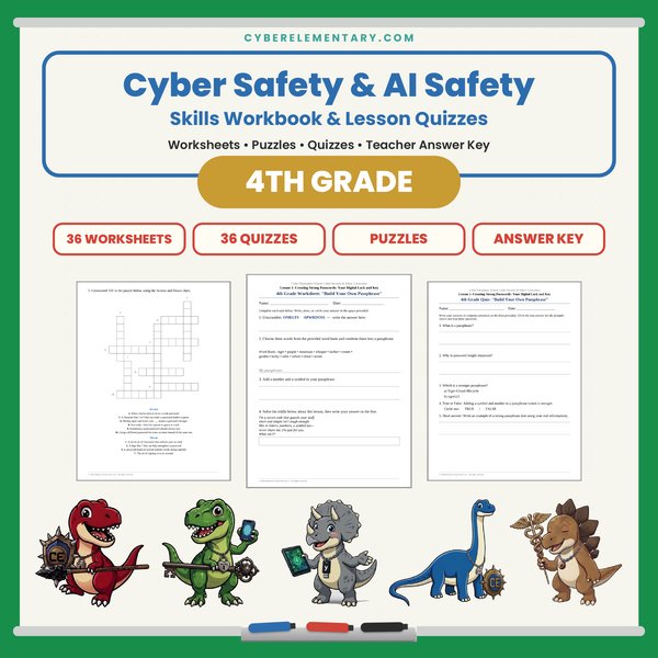4th Grade Cyber & AI Safety: Workbook + Quizzes